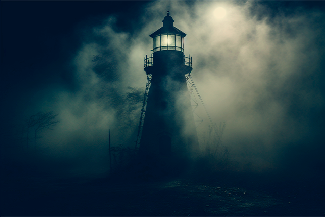 lighthouse fog is lit up night